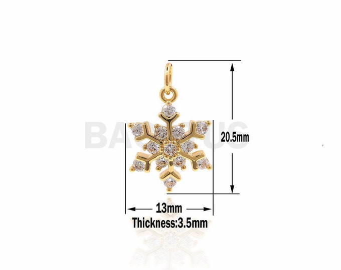 CZ Micro Pave Snowflake Beads，shiny gold snowflake Bracelet Necklace Charms，Snow Crystal Charm 20.5x13x3.5mm 1PCS