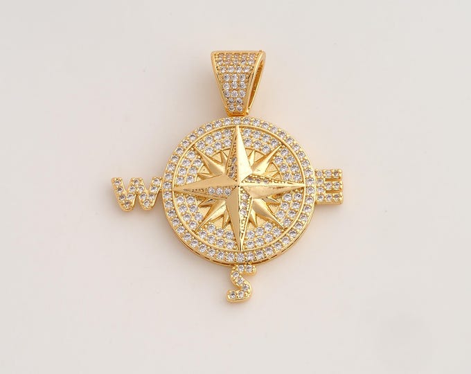 18K Gold Filled Compass Charm,Dainty Direction Pendant,CZ Compass Pendant ,DIY Jewelry Supplies,45.3x40x4.8mm