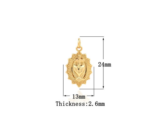 18K Gold Filled Heart pendant,Gold Dainty Round Charms,Cross Charm Bracelet Necklace for DIY Jewelry Making Supply