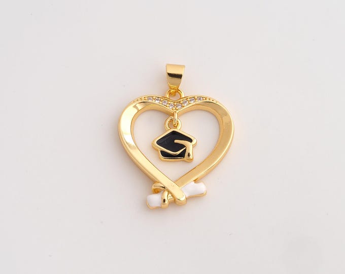 18K Gold Filled Heart Charm,Dainty Enamel Doctoral Cap Pendant,CZ Diploma Scroll Pendant ,DIY Jewelry Supplies,28x21.3x3.2mm