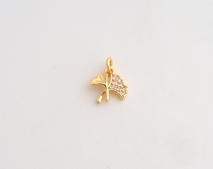 18K Gold Filled Ginkgo Leaf Charm, Micropavé CZ Leaf Pendant,Ginkgo Leaf Necklace Charm, DIY Jewelry Supplies, 11.7x9x2.3mm
