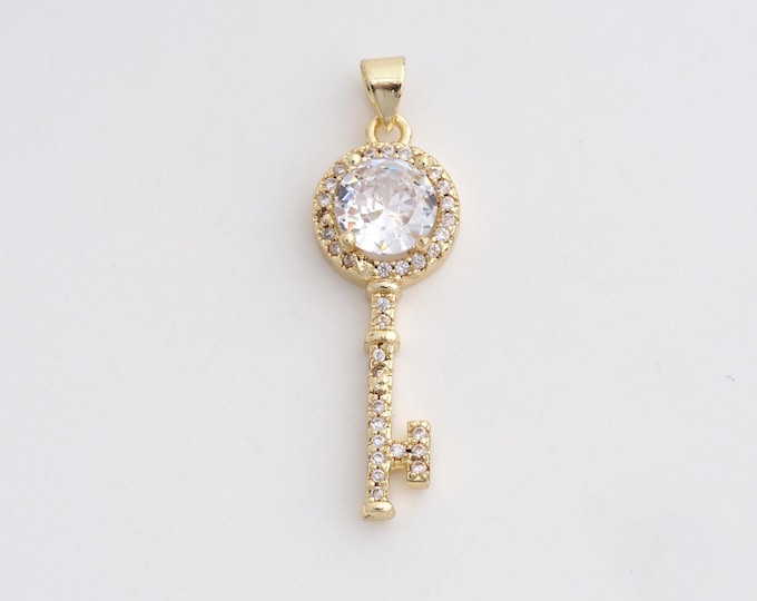 18K Gold Filled Simple pendant Micropavé CZ Key Pendant,Gold Dainty Key Charms,Bracelet Necklace for DIY Jewelry Making Supply,37.5x11.6x5mm