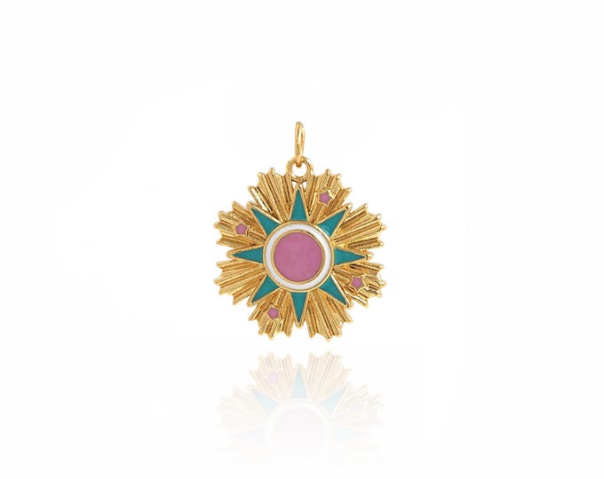Enamel Flower Pendant, 18K Gold Filled Round Necklace,Flower Charms,Enamel Charm, DIY Jewelry Supplies,24.3x19x2.3mm