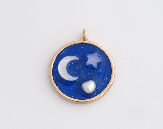 18K Gold Filled Moon Star Charm, Enamel Celestial Pendant,Star Moon Necklace Charm, DIY Jewelry Supplies, 33.3x27.8x5.5mm