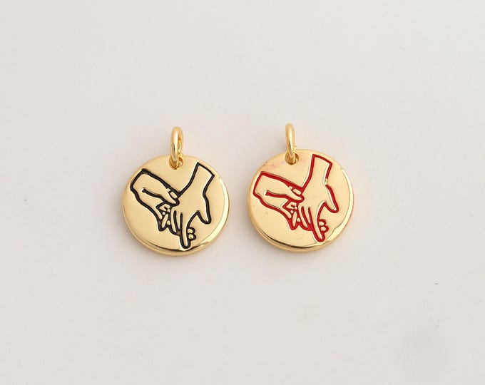 18K Gold Filled Couple Charm,Dainty Enamel Hand-in-Hand Pendant,Round Pendant ,DIY Jewelry Supplies,17x13.3x2mm