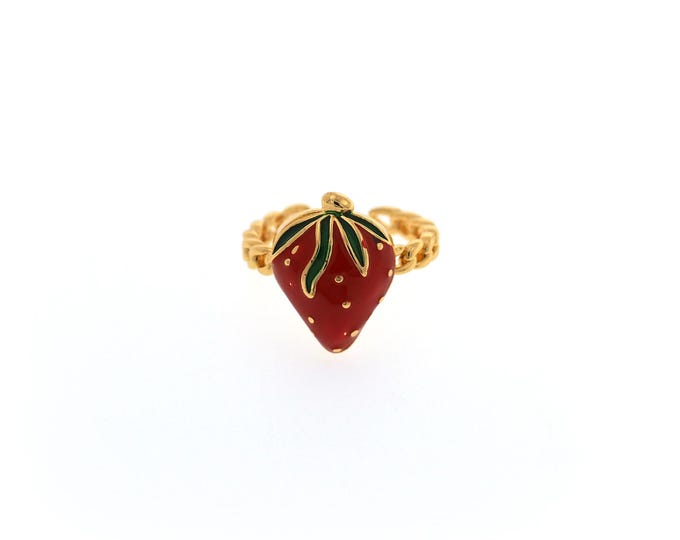 Strawberry Ring,Stackable Ring,Enamel Ring,Adjustable Ring,Open Ring,18K Gold Filled Fruit Rings