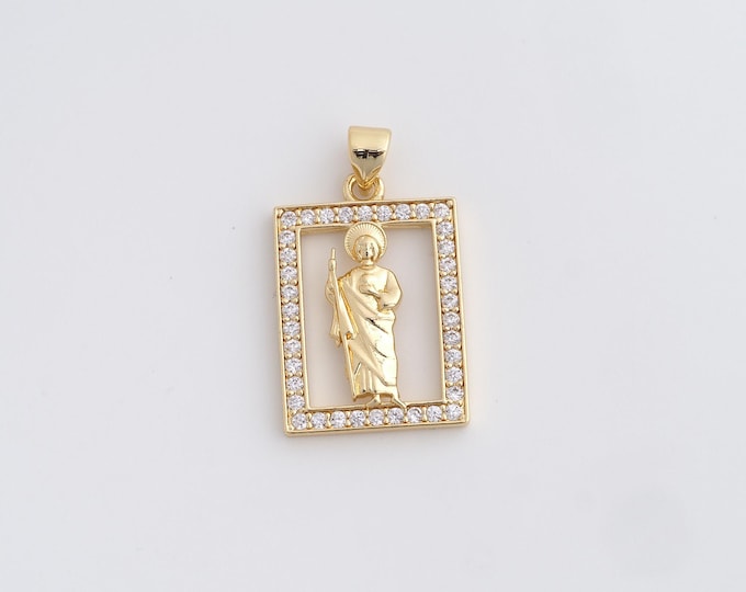 18K Gold Filled Saint Jude Pendant,Square St.Juda Charms,Religion Charm Bracelet Necklace for DIY Jewelry Making Supply,27.8x16.5x3mm