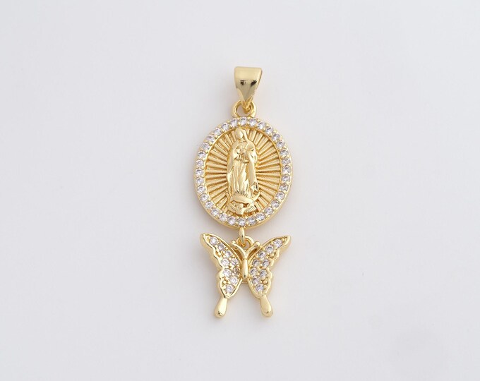 18K Gold Filled Virgin Charm, Religious Necklace,Butterfly Charms Necklace, Maria Pendant, DIY Jewelry Supplies, 37x13.6x2.7mm