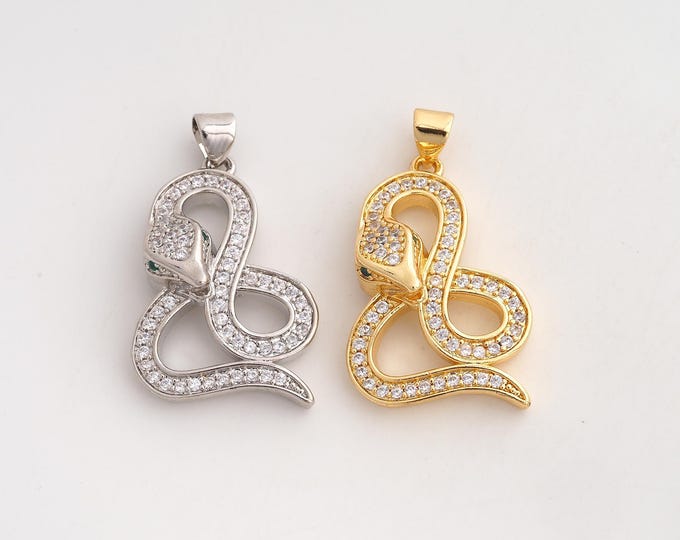 18K Gold Filled Snake Charm,Dainty Animal Pendant,CZ Snake Pendant ,DIY Jewelry Supplies,31.8x18.2x6.5mm