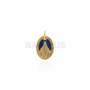 May include: Gold-colored oval pendant with a blue enamel image of the Virgin Mary. The pendant has a loop at the top for attaching to a chain.