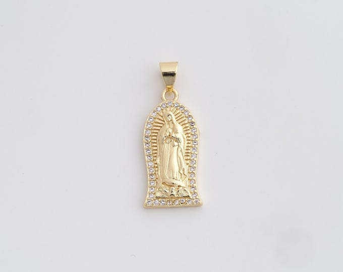 18K Gold Filled Virgin Charm, Religious Necklace, Micropavé CZ Our Lady Necklace, Maria Pendant, DIY Jewelry Supplies, 26.8x10.6x3mm