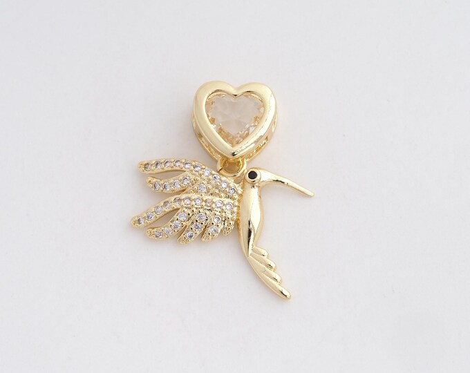 Hummingbird Charm, Bird Pendant,Micropavé CZ Bird Necklace,18K Gold Filled Gift Necklace,Flying Charm, DIY Jewelry Supplies,26.5x21.6x2.3mm