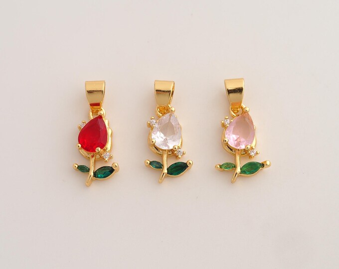 18K Gold Filled Tulip Charm,Dainty Flower Pendant,CZ Tulip Pendant ,DIY Jewelry Supplies,23.3x9.5x4.6mm