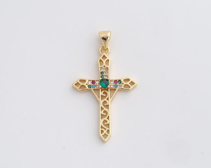 Cross Charm,18K Gold Filled Cross Necklace,Religious Charm, MicroPave CZ Christian Charm, DIY Jewelry Supplies, 36.6x20.7x3.8mm