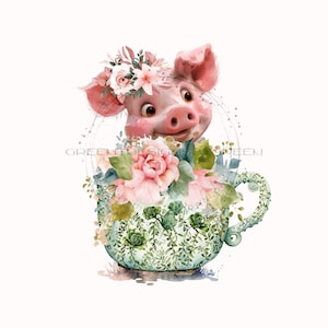 Pig in teacup with pink flowers, piglet sublimation, Mini piggy PNG, funny PNG, pig sublimation, PNG digital download, teacup sublimation