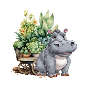 Nijlpaard en houten kar met cactus, kruiwagen met sappige PNG voor sublimatie-schattige nijlpaard clipart-digitale download.