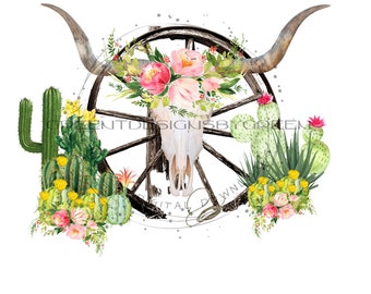 Southwestern Kuhschädel Sublimation PNG - Kaktus und Blumen Clipart - Becher und Wasserrutsche Design - Digital Download