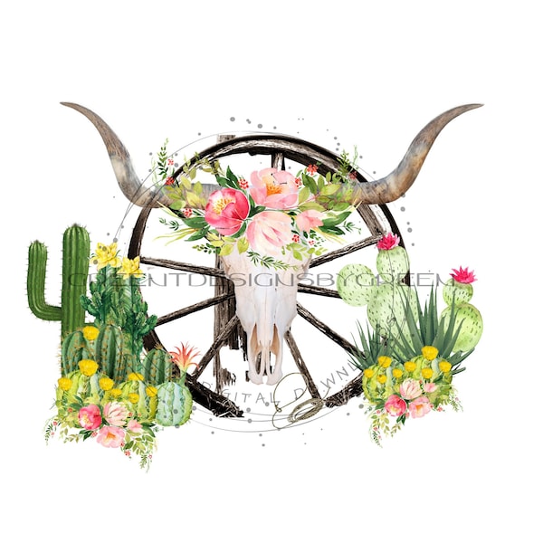 Southwestern Cow Skull Sublimation PNG - Cactus and Floral Clipart - Tumbler and Waterslide Design - Digital Download
