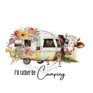 Vintage Camper & Funny Cow Sublimation PNG - 'Eu prefiro estar acampando' - Detalhes florais - Download digital