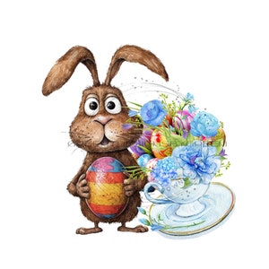 Divertente coniglietto pasquale coniglio e tazza di tè piena di fiori PNG - coniglio marrone PNG per sublimazione bel fiore clipart sublimazione-download digitale