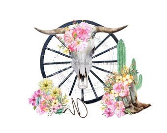 Boho Floral Cow Skull PNG, Western Cactus Art (Digital Download)