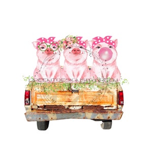 Funny Pink Pigs in Vintage Car Sublimation PNG - Whimsical Pig Clipart - Digital Download