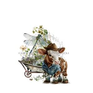 Quirky Cow Sublimation PNG - Farm Cow w/ Jean Jacket & Cowboy Hat - Wheelbarrow full of Wildflowers - Oversized Dragonfly - Digital Download
