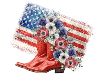 Distressed American Flag PNG, Floral Cowboy Boots, USA Background (Instant Download)