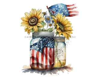 Sunflower & Mason Jar Patriotic Clipart - American Flag PNG (Digital Download)