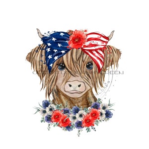 Patriotic Long Haired Calf PNG, Highland cow face clipart, Western PNG file, farm cow clipart, Fall sublimation, red, white & blue headband.