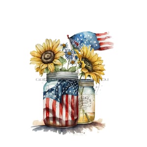 May include: Two glass jars with lids, decorated with an American flag design, filled with sunflowers and blue flowers. The jars are sitting on a white background.