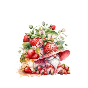 Nain rouge chéri entouré d'un buisson de fraises PNG pour sublimation, nain fraise Clipart PNG, sublimation PNG de tasse de thé