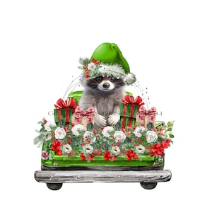 Cute Christmas Raccoon in Santa Hat PNG - Vintage Truck Sublimation Design - Funny Christmas Card Clipart -Digital Download