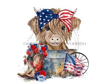 Patriotic Highland Cow PNG, American Flag, Cowboy Boots (Digital Download)
