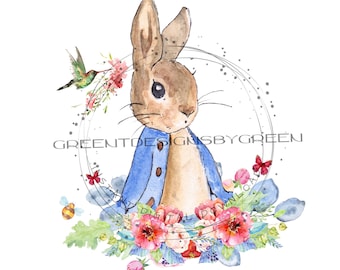 Peter Rabbit PNG, flower clipart, bunny sublimation download, Peter Rabbit clipart, bunny sublimation graphic, floral PNG, spring clipart.
