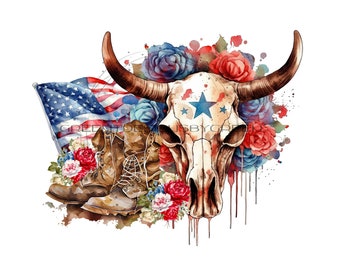 Rustic Americana Clipart – Cow Skull, Cowboy Boots, American Flag (Digital Download)