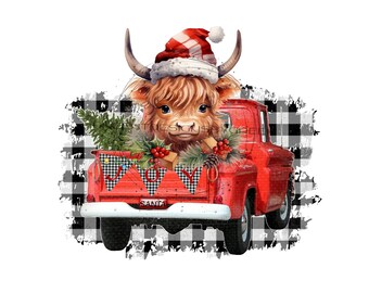 Kerst Highland Cow sublimatie PNG, vakantie vintage vrachtwagen, &quot;vreugde&quot;, Buffalo patroon achtergrond, kerst clipart, digitale download