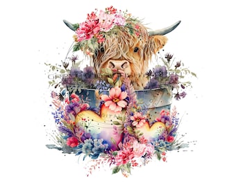 Blommig höglandsko PNG, kalv i badkar, sublimeringsdesign (digital nedladdning)
