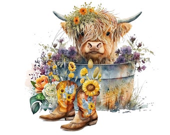 Highland Cow in Metal Tub PNG - Adorable and Cute Longhaired Cow Clipart - Digital Download