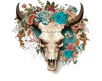 Floral Kuh Schädel PNG, Western Clipart, Sublimationsdesign (digitaler Download)