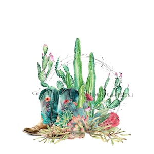 BoHo Cowboy Boots Desert Scene Clipart - Cactus florecientes - Ambiente suroeste - Sublimación PNG & JPG imprimible - Descarga digital