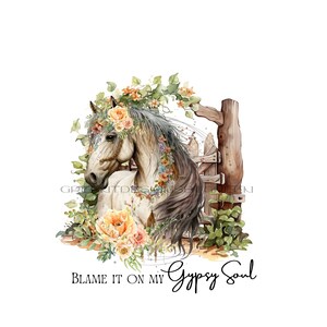 Clipart cheval majestueux lunatique - citation inspirante « La faute à ma semelle gitane » - clôture en bois rustique et fleurs de pêcher PNG-téléchargement instantané