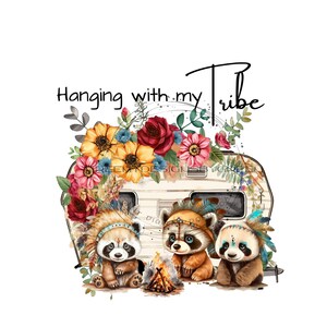 Camping Clipart - 'Colgando con mi tribu' - Vintage Camper, Flores, Panda rojo, Fogata - Sublimación PNG - Descarga digital