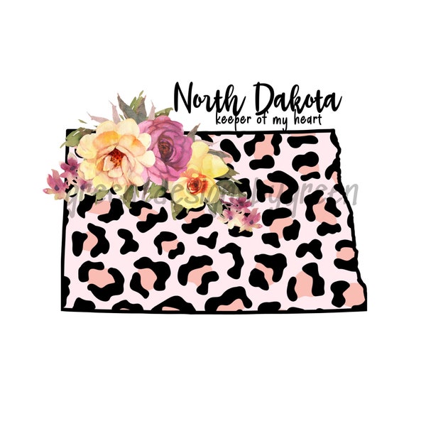 North Dakota State Map Leopard Print Sublimation PNG - 'New Dakota, keeper of my heart' - Floral Accents - Instant Digital Download