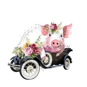 Descarga digital de cerdo y coche antiguo, sublimación de coche antiguo, PNG de animales de granja, cerdo rosa de granja para tobogán acuático