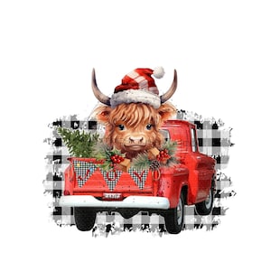 Sublimación de vaca de las tierras altas de Navidad PNG, camión vintage navideño, "alegría", fondo de patrón de búfalo, imágenes prediseñadas de Navidad, descarga digital
