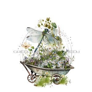 Wildflower Png, Libellule, clipart brouette, conception fantaisiste de sublimation de jardin, téléchargement numérique