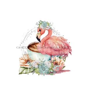 Flamingo digital downloadable PNG with pink flamingo in teacup of wildflowers Pink Flamingo PNG, Zoo animal sublimation, flamingo Clipart