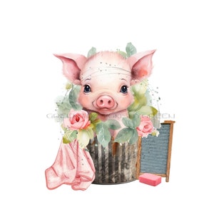 Adorable Piglet in Metal Tub Sublimation PNG - Farm Animal Bath Time Clipart - Digital Download