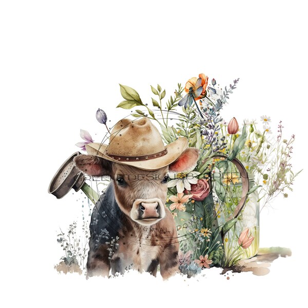 Whimsical Floral Display Clipart - Cow, Cowboy Hat, Metal Watering Can, Mason Jar - Sublimation PNG & Printable JPG - Instant Download